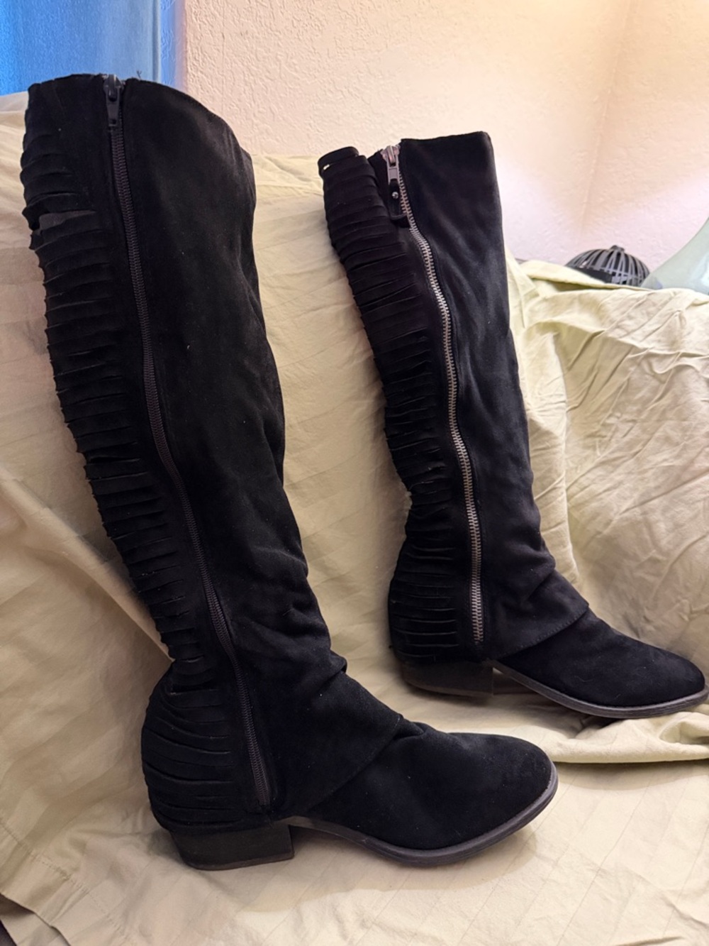 Black Over-the-Knee Fringe Boots with Side Zip